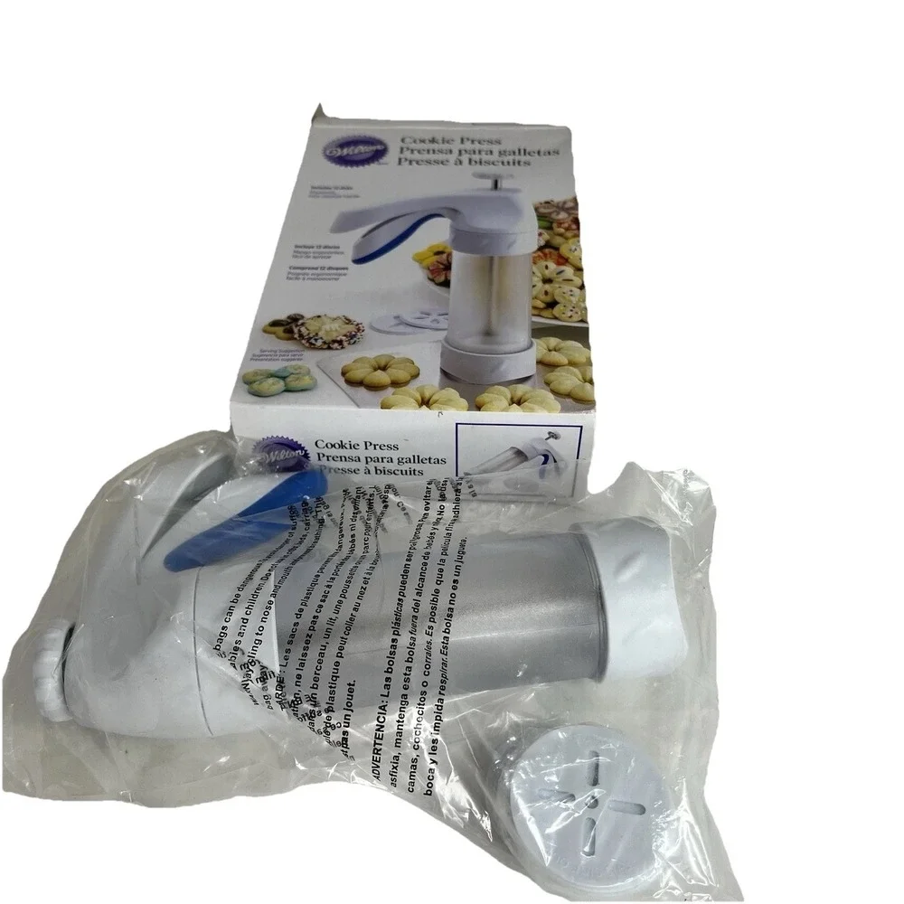 Wilton Cookie Press 12 Disc Set Spritz Cookie Maker White Blue w/ Box Baking New